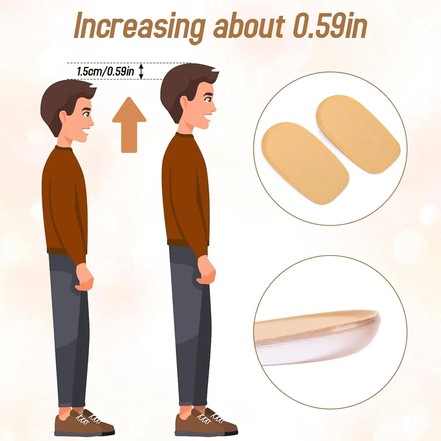 1/2 Inch Heel Lifts for Leg Length Discrepancy Gel Height Increasing Insoles Soft Shoe Lifts for Women Men Uneven Legs Comfort Half Foot Insoles for Heel Pain