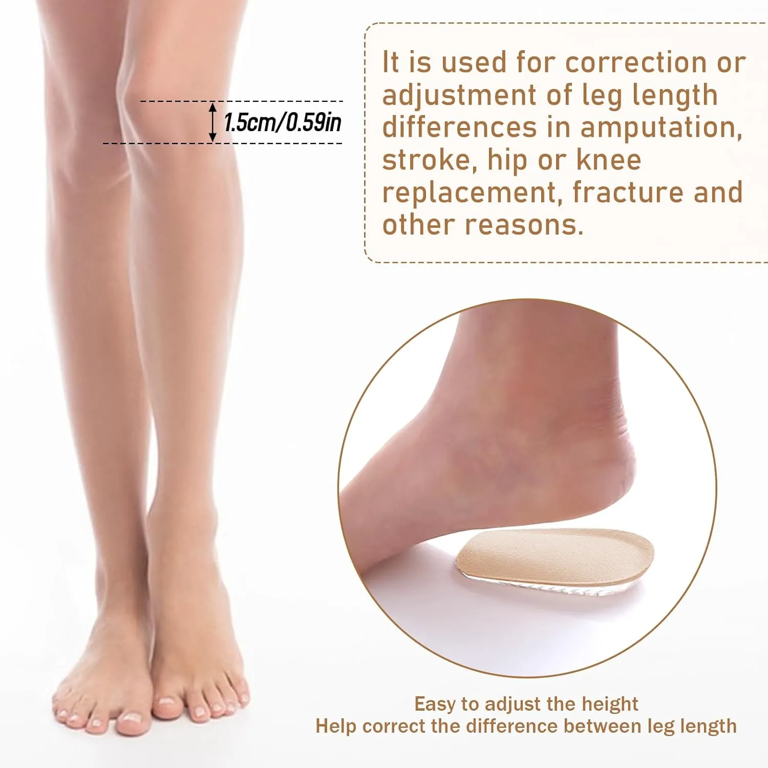 1/2 Inch Heel Lifts for Leg Length Discrepancy Gel Height Increasing Insoles Soft Shoe Lifts for Women Men Uneven Legs Comfort Half Foot Insoles for Heel Pain