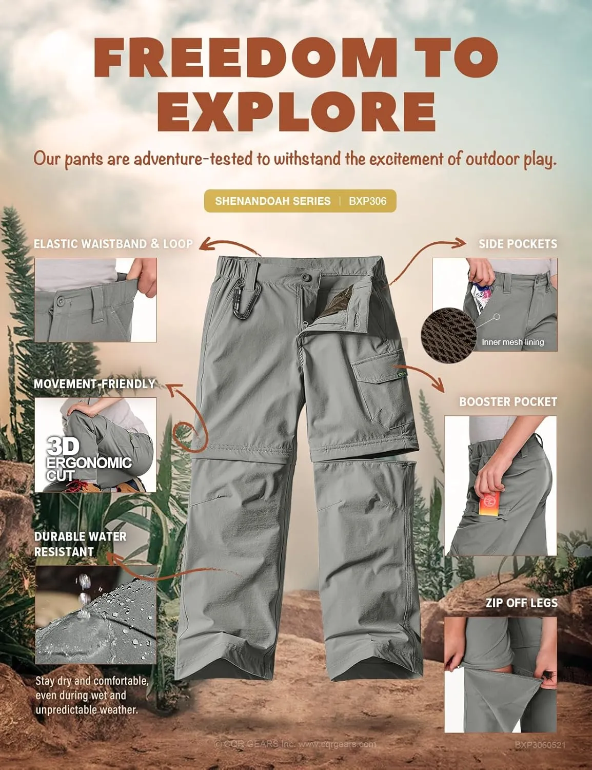 CQR Kids Youth Hiking Cargo Pants, UPF 50  Quick Dry Convertible Zip Off Pants, Outdoor Camping Pants