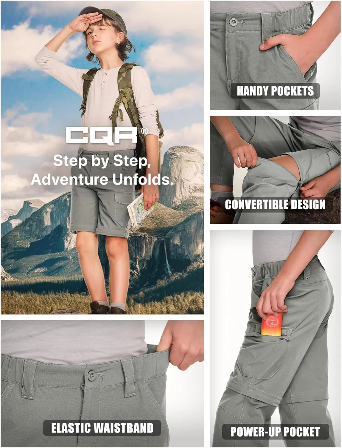 CQR Kids Youth Hiking Cargo Pants, UPF 50  Quick Dry Convertible Zip Off Pants, Outdoor Camping Pants