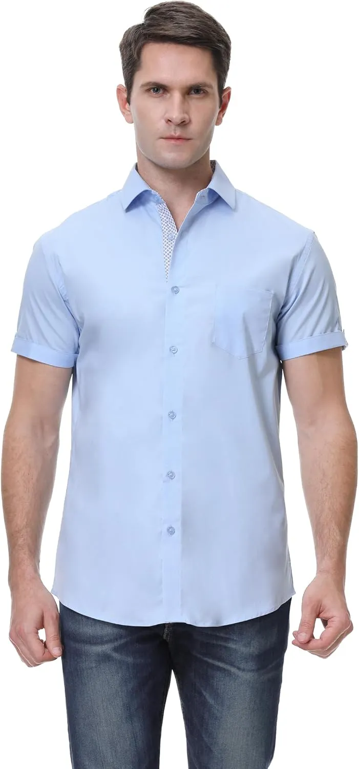 Esabel.C Mens Short Sleeve Dress Shirts 4-Way Stretch Regular Fit Stretch Wrinkle-Free Casual Button Down Shirts