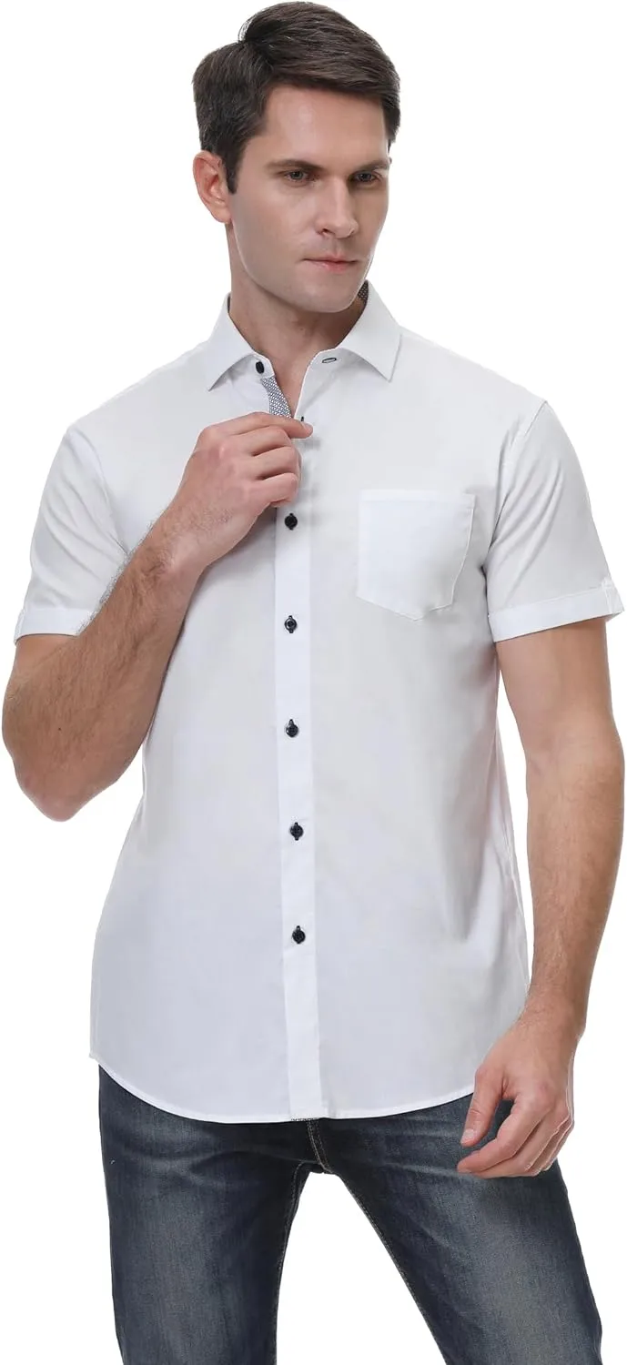 Esabel.C Mens Short Sleeve Dress Shirts 4-Way Stretch Regular Fit Stretch Wrinkle-Free Casual Button Down Shirts