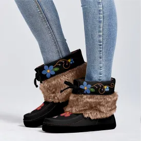 Flower Beadwork People Black Leather MocLux Short Style with Fur