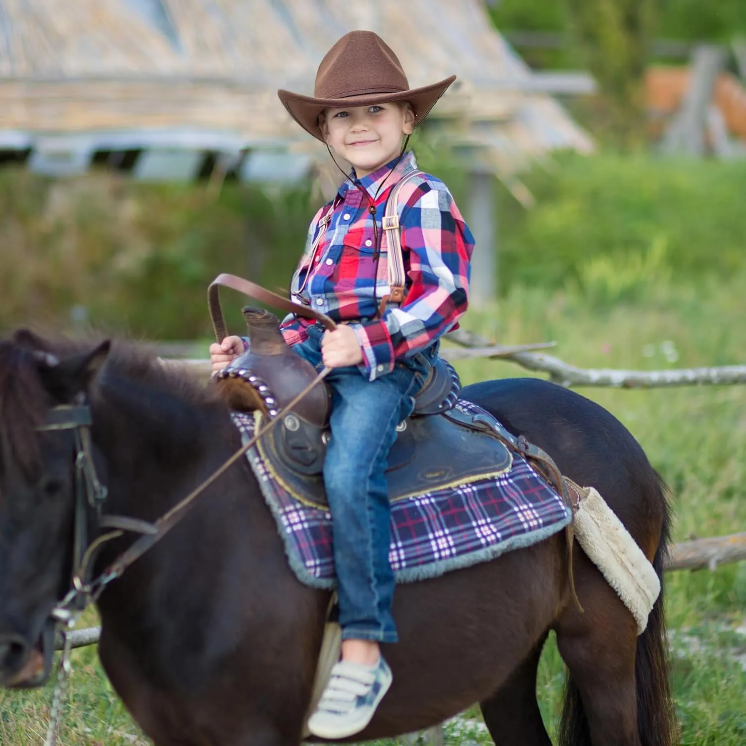 Jastore Kids Girls Boys Wide Brim Western Cowboy Cowgirl Hat with Wind Lanyard Felt Fedora Hat
