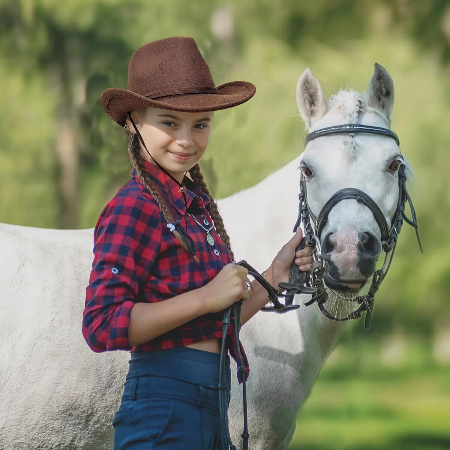 Jastore Kids Girls Boys Wide Brim Western Cowboy Cowgirl Hat with Wind Lanyard Felt Fedora Hat