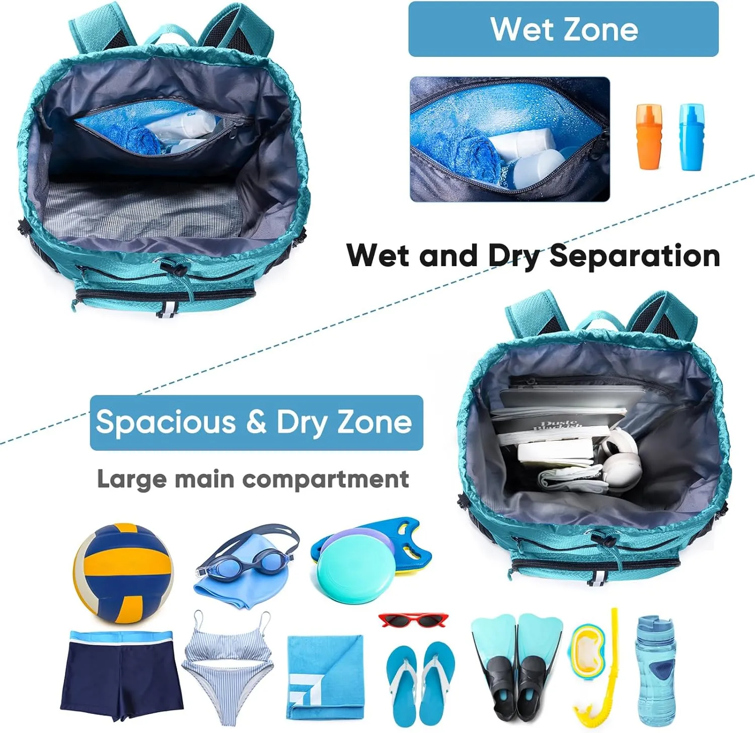 Large Beach Backpack Waterproof Sandproof - Customized Oversized Drawstring Pool Bag with Shoe Compartment for Toiletries, Towels, Gym, Travel