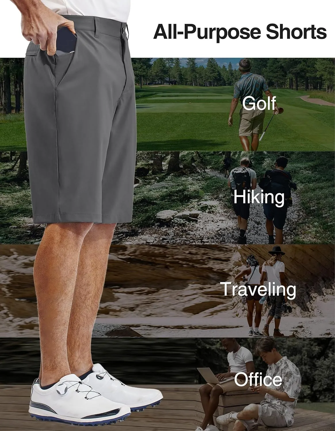 PULI Mens Golf Hiking Shorts Lightweight Casual Dress 12" Inseam Work Stretch Travel Hybrid Quick Drying with Pockets